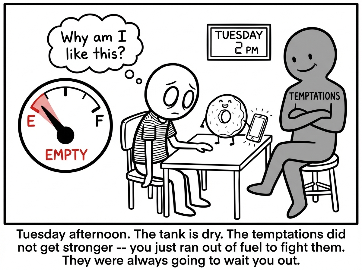 The stick figure is slumped and exhausted on Tuesday afternoon. The fuel gauge needle is buried deep in the red zone, nearly at 'EMPTY.' The temptations are no longer at a distance -- they are sitting right next to the figure, relaxed and patient, as if they knew this would happen. The donut is inches from the figure's hand. The phone screen is lit up. The figure's eyes are hollow and their thought bubble reads 'Why am I like this?' A clock reads 'TUESDAY 2 PM.'