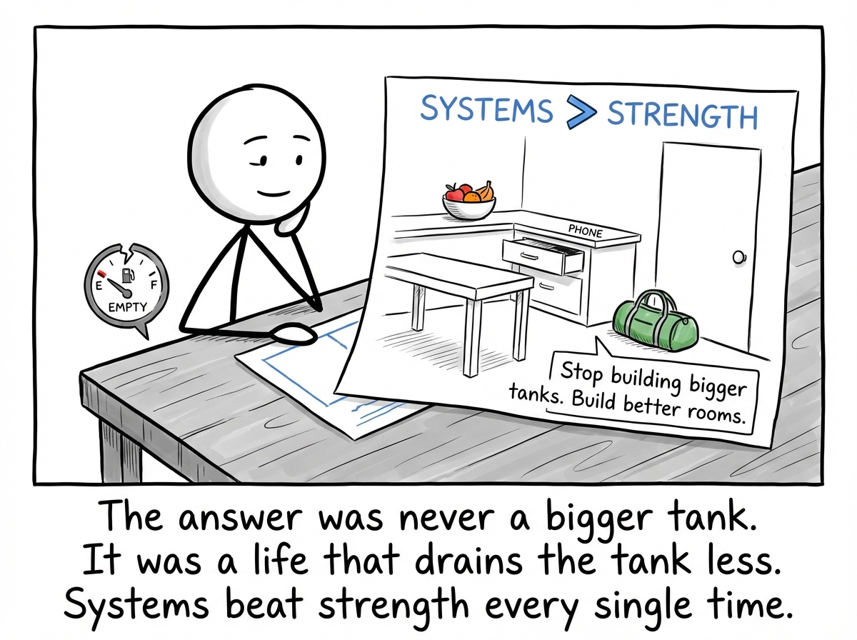 The stick figure sits at a table with the empty fuel gauge removed and set aside. In front of them is a simple blueprint labeled 'SYSTEMS > STRENGTH,' showing a redesigned daily environment: the donut replaced with fruit on the counter, the phone in a drawer, the gym bag by the door. The figure's expression is calm and thoughtful, not defeated. A small note on the blueprint reads 'Stop building bigger tanks. Build better rooms.'