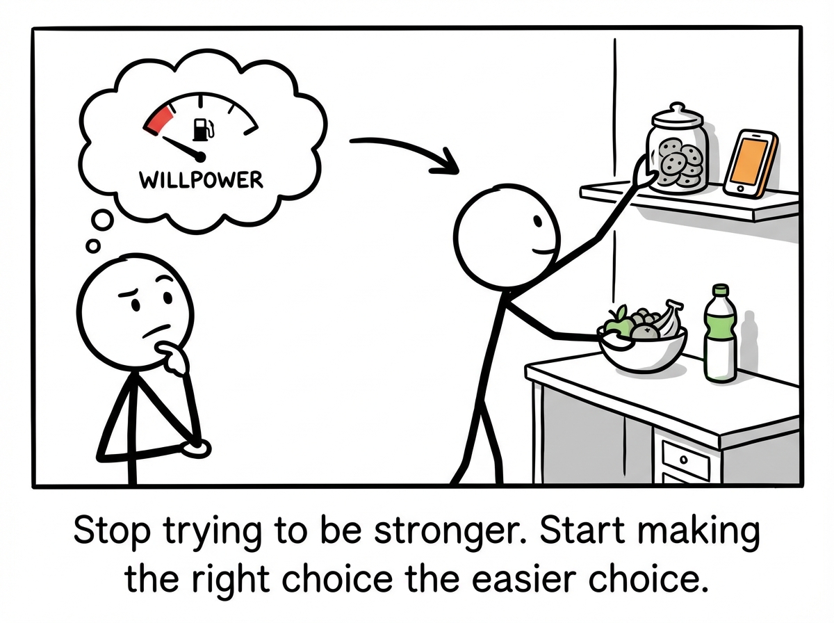 A stick figure looking at their willpower gauge thoughtfully, then turning to redesign their environment instead of trying to refill the tank -- moving temptations further away and putting good choices closer.