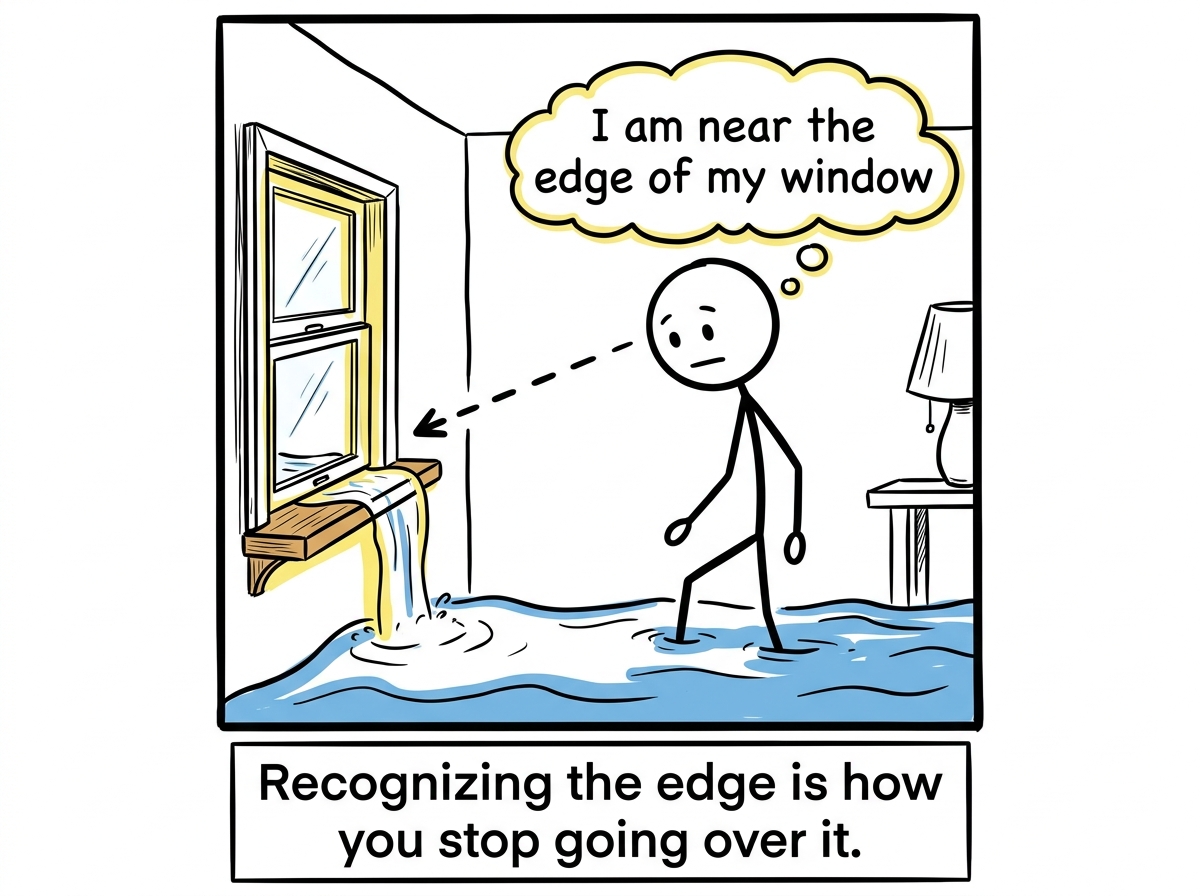 A stick figure notices themselves starting to get flooded and pauses, thinking 'I am near the edge of my window'