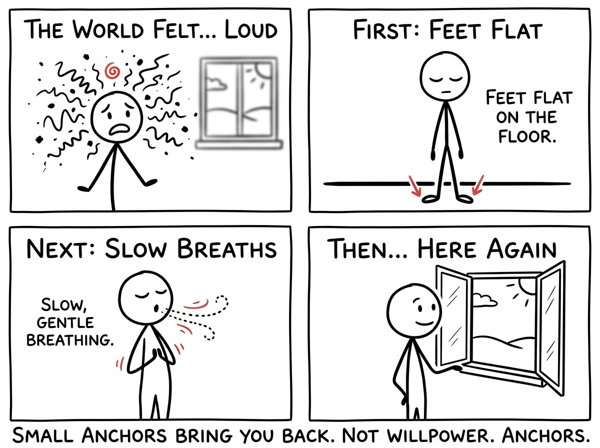 The stick figure using a grounding technique -- slow breathing, feet on the floor -- to gently return to their window