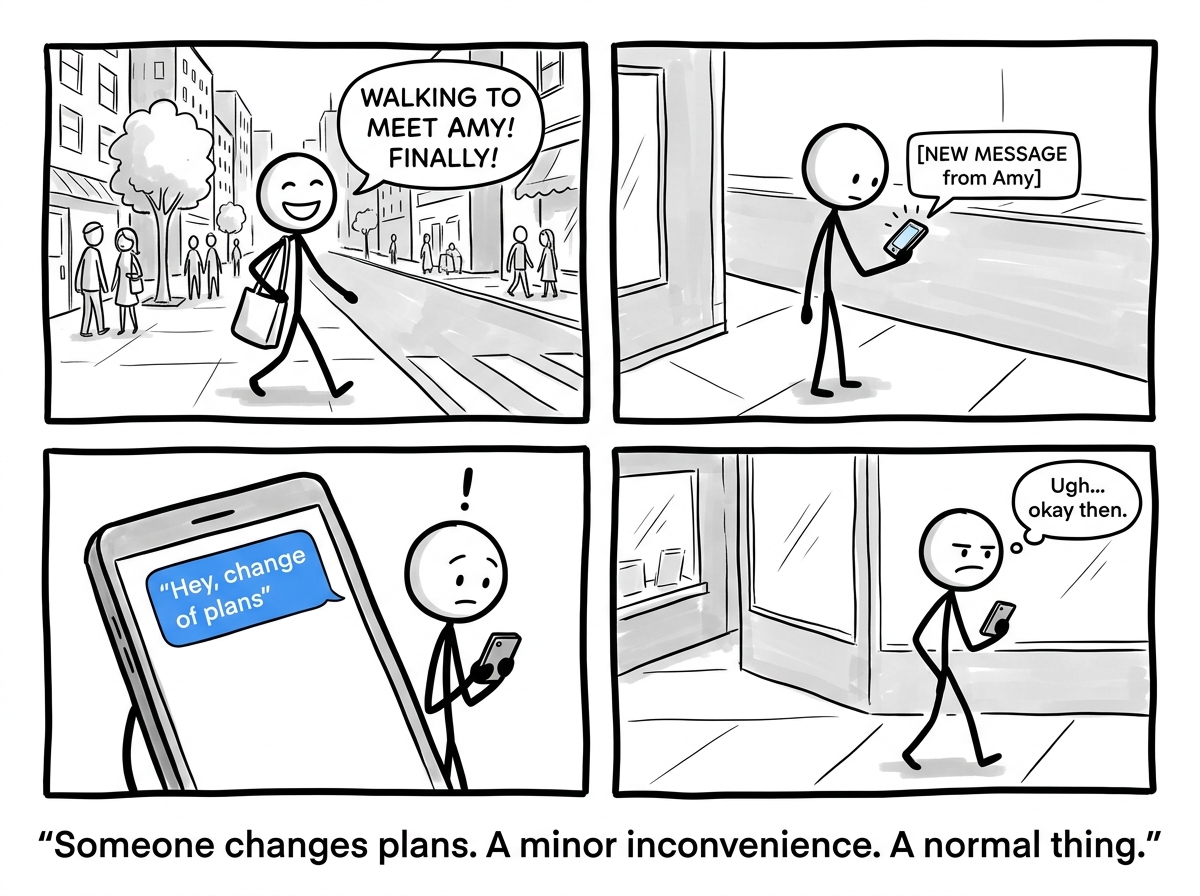 A stick figure going about their day normally when they receive a text that says 'Hey, change of plans' -- a completely minor inconvenience