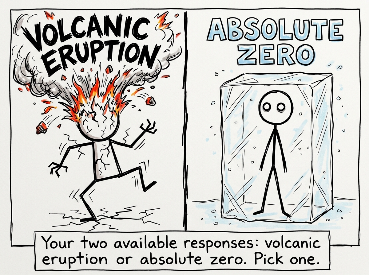 The stick figure shown in a split screen: on one side they are erupting like a volcano with rage and fury, on the other side they are frozen solid like a block of ice with completely dead eyes