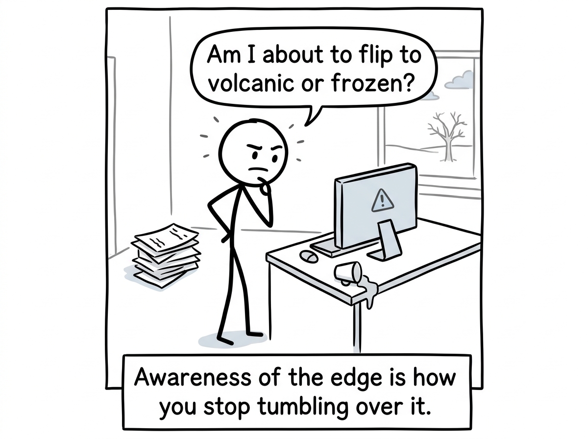 A stick figure notices a minor frustration and checks in: 'Am I about to flip to volcanic or frozen?'