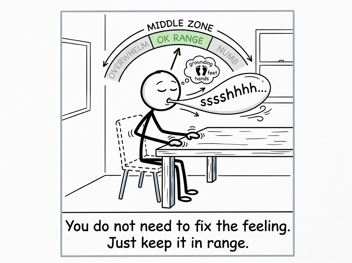 The stick figure using a grounding technique in the moment -- slow exhale, hands on the table -- to stay in the middle zone