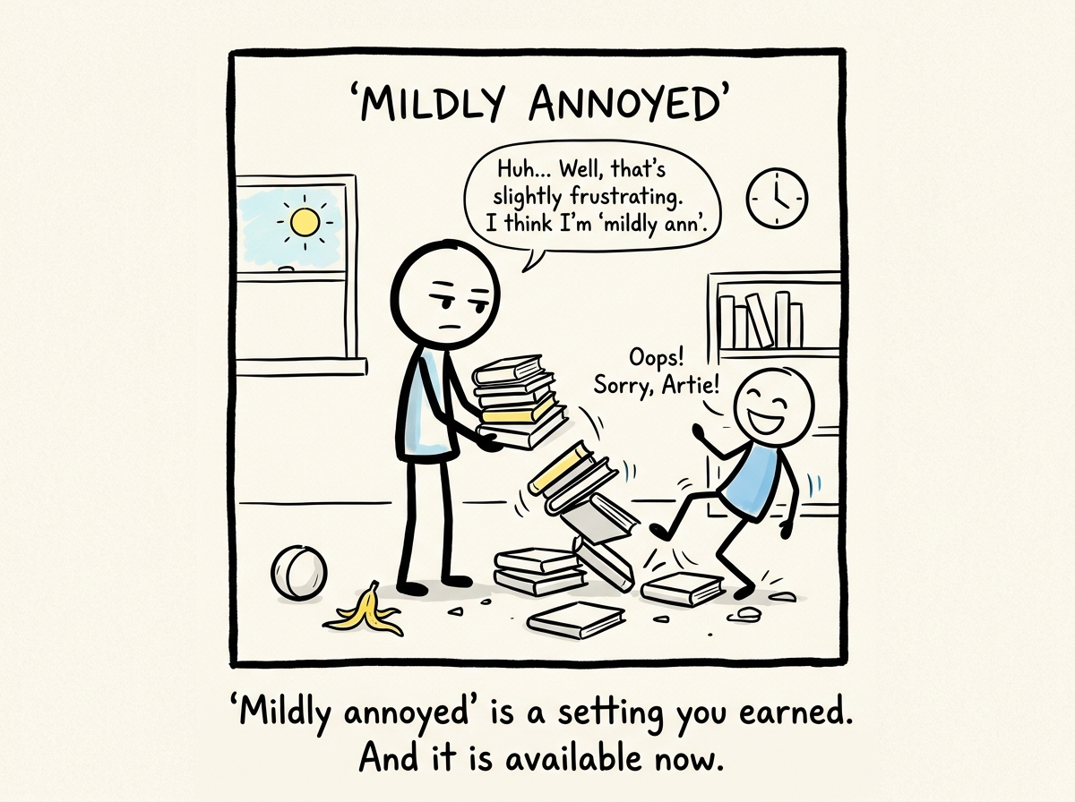 The stick figure experiencing a stressor and feeling 'mildly annoyed' for the first time instead of erupting or shutting down