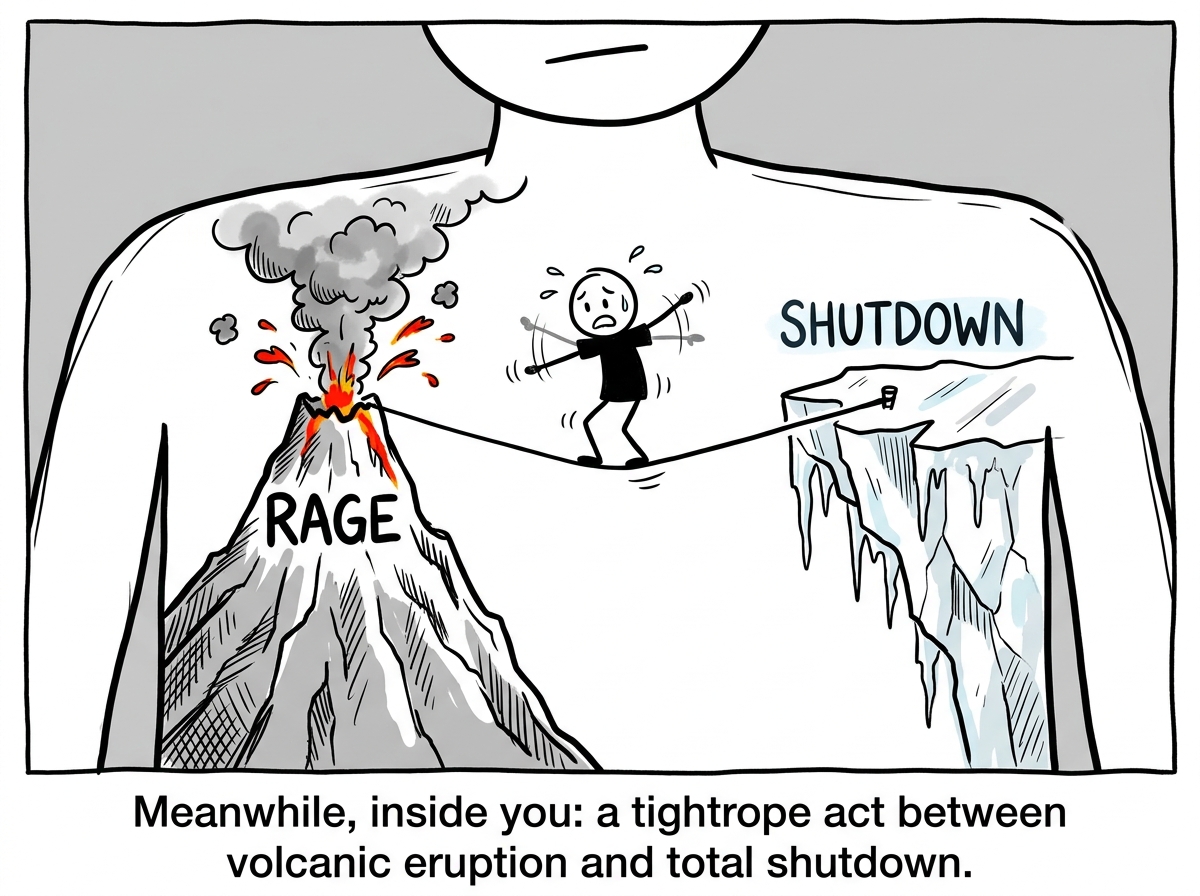 Inside the stick figure's body: a tightrope stretching between a volcano labeled 'RAGE' and a glacier labeled 'SHUTDOWN,' a tiny version of them wobbling on the wire with arms outstretched