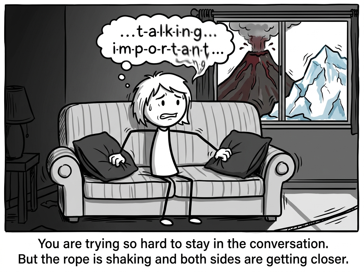 The stick figure gripping the couch cushions, trying to focus on their partner's words, but the words are starting to blur and distort, the volcano and glacier both rumbling closer, the tightrope shaking