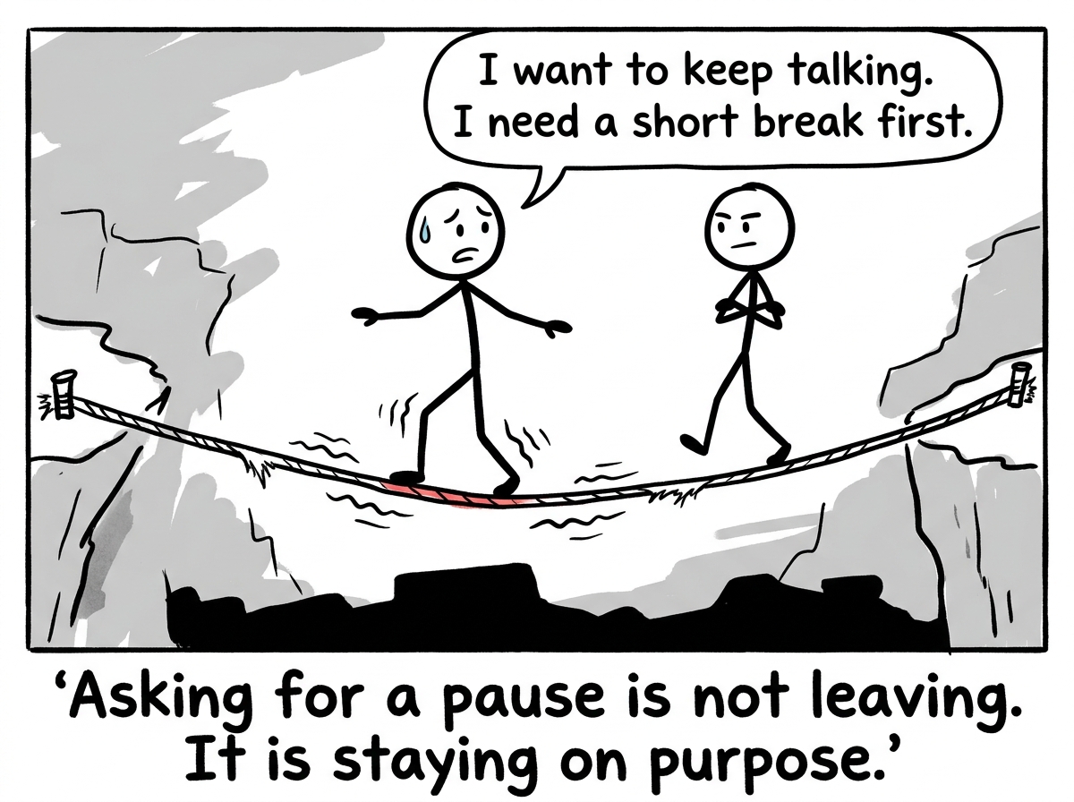 A stick figure in a hard conversation notices the tightrope starting to shake and says 'I want to keep talking. I need a short break first.'