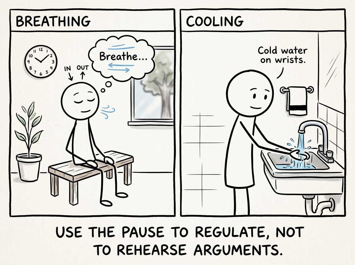 The stick figure during the break, doing a calming exercise -- slow breathing, cold water on their wrists