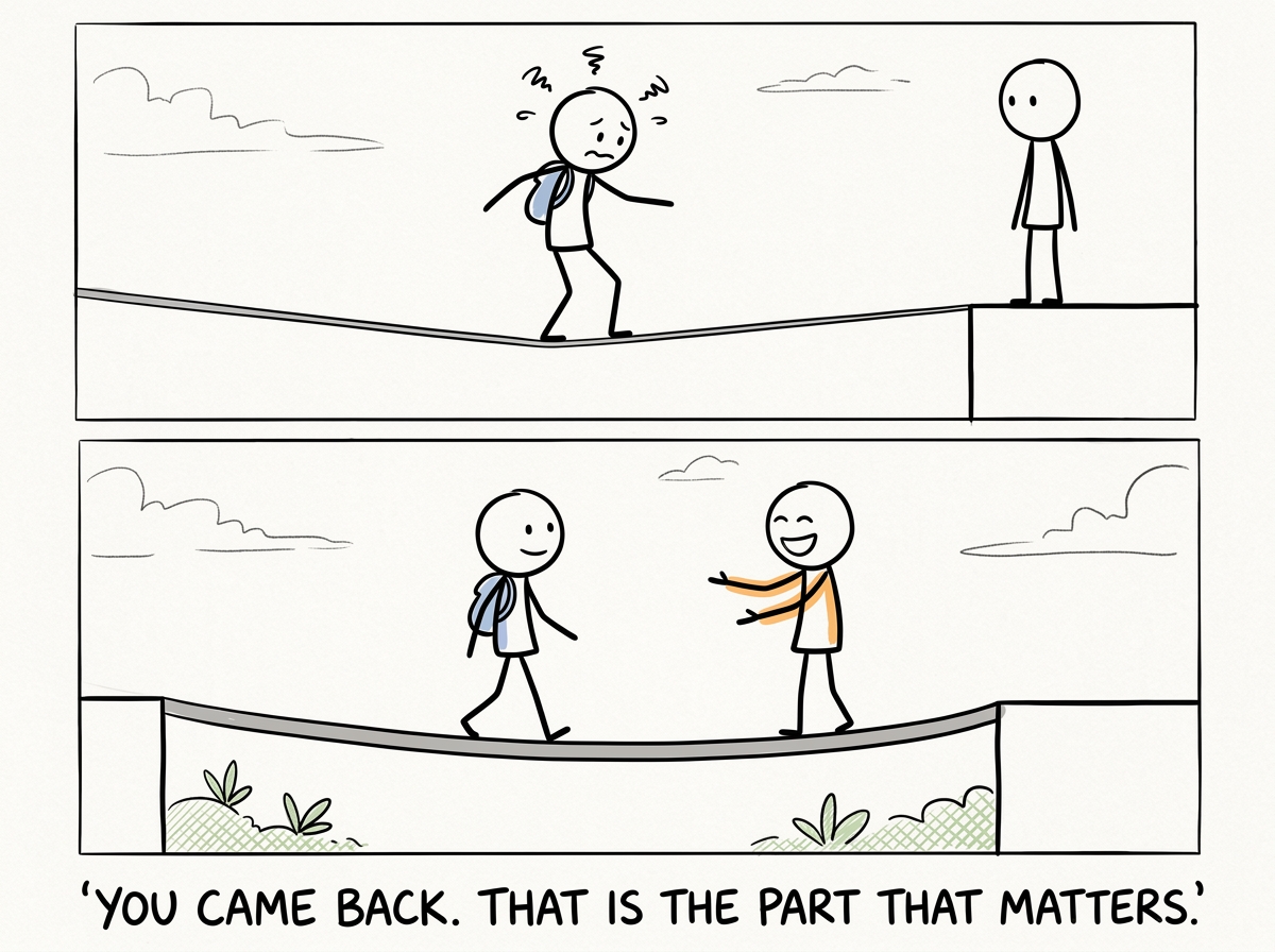 The stick figure returning to the conversation calmer, the tightrope slightly wider, their partner still present