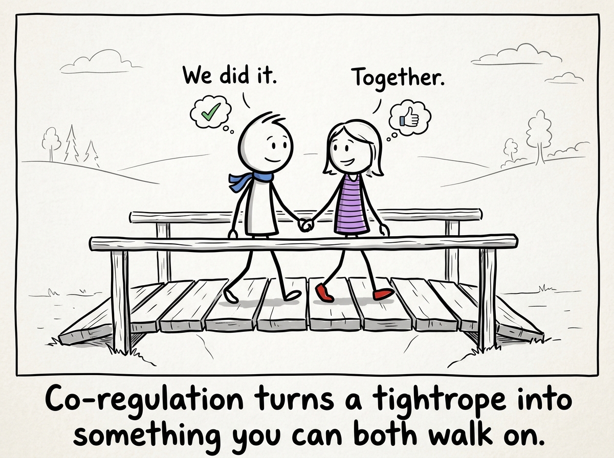 The stick figure and partner finishing the conversation without anyone erupting or shutting down, the tightrope now a small bridge