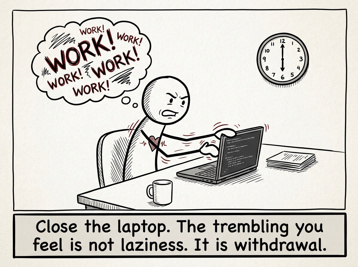 A stick figure closing their laptop at 6pm, hands trembling, the urge to keep working screaming in their chest, but choosing to stop anyway