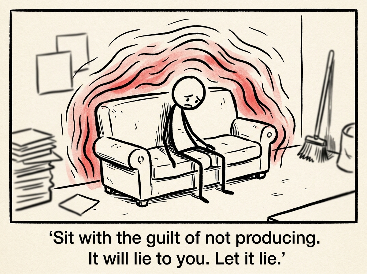 The stick figure sitting on a couch doing nothing, feeling waves of guilt and restlessness, but staying still instead of reaching for a task