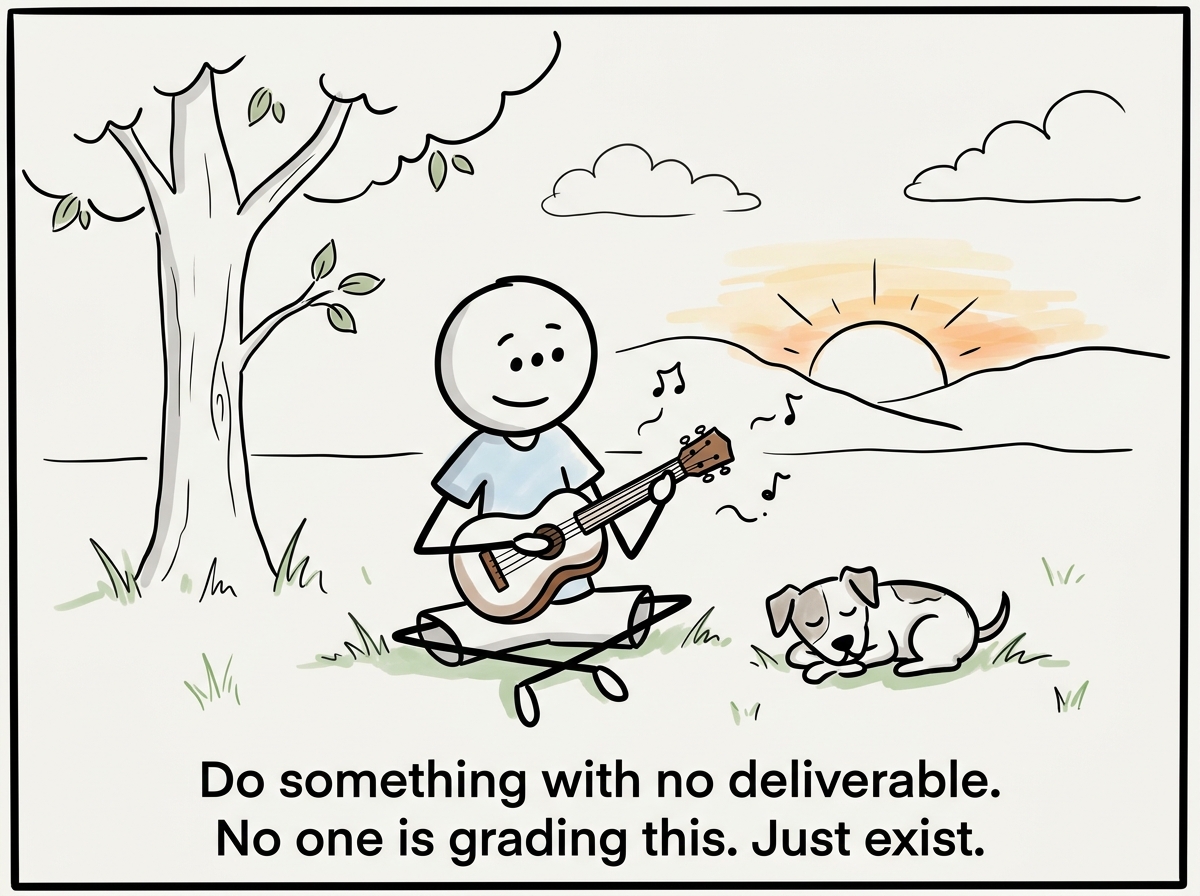 The stick figure doing something purposeless and enjoyable -- playing with a pet, cooking slowly, watching a sunset -- no output, no metric, no audience