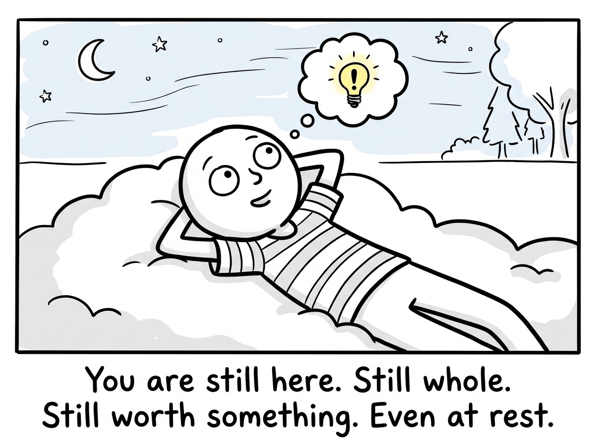 The stick figure resting peacefully, realizing their worth did not disappear when the productivity stopped, a gentle expression of surprise