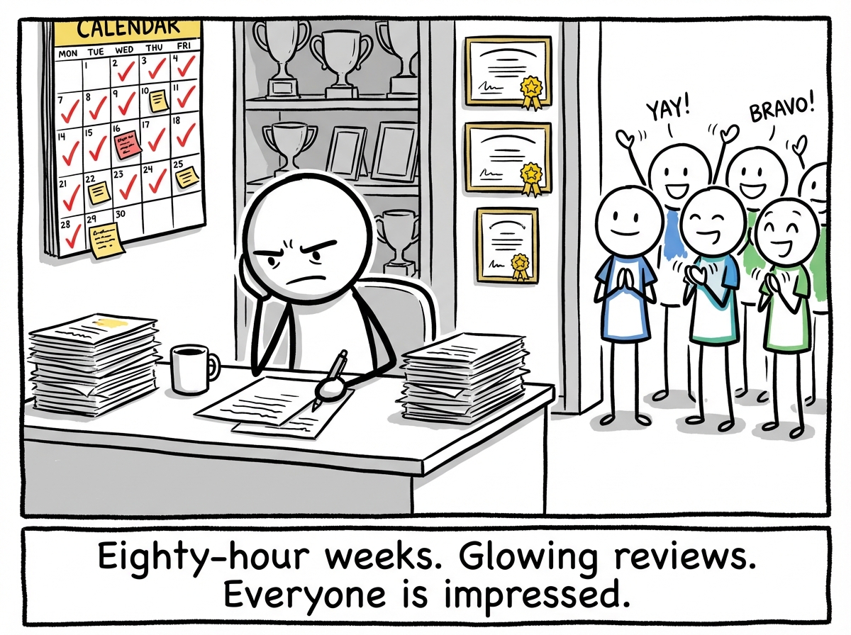 A stick figure at a desk surrounded by awards, promotions, and a packed calendar, looking intensely focused while a crowd of colleagues claps and cheers from the side