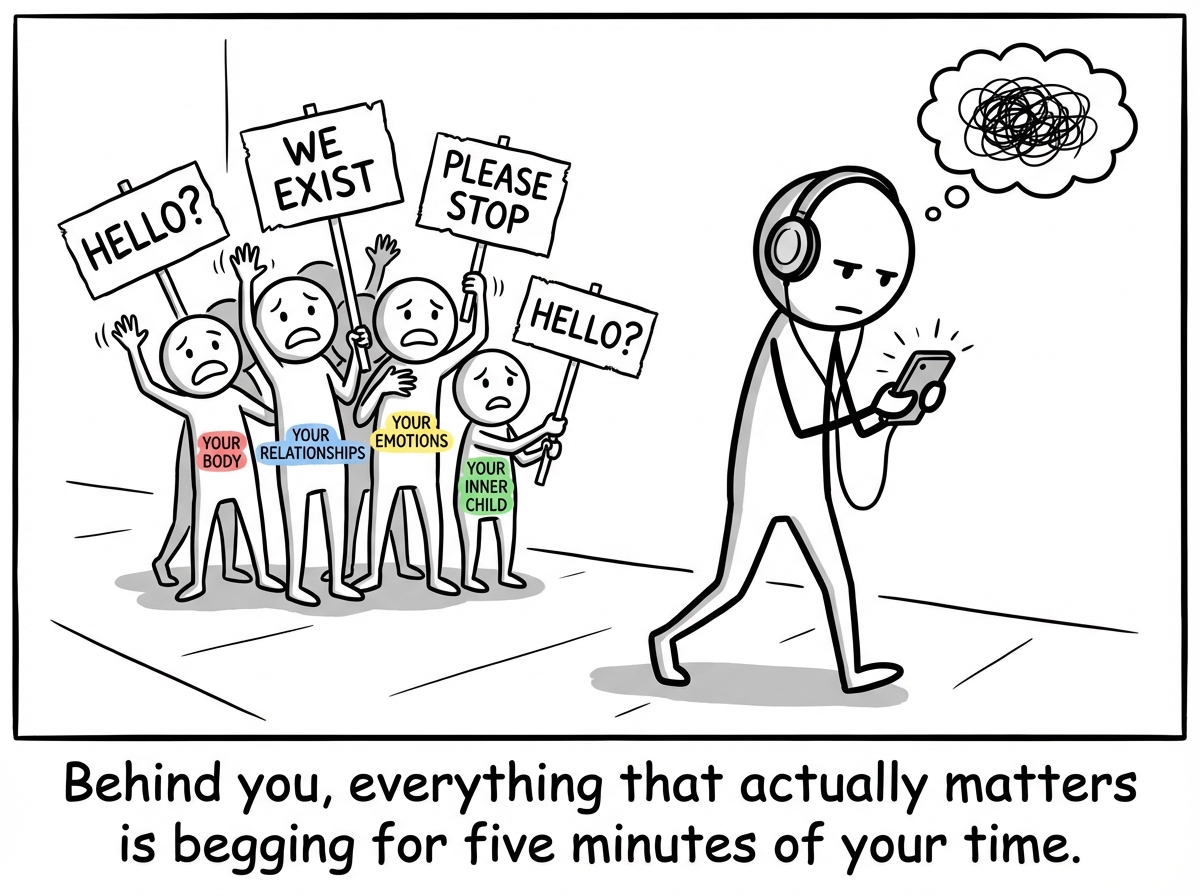 Behind the stick figure, a group of smaller figures labeled 'Your Body,' 'Your Relationships,' 'Your Emotions,' and 'Your Inner Child' holding up signs that say 'HELLO?' and 'WE EXIST' and 'PLEASE STOP' -- but the main figure does not turn around