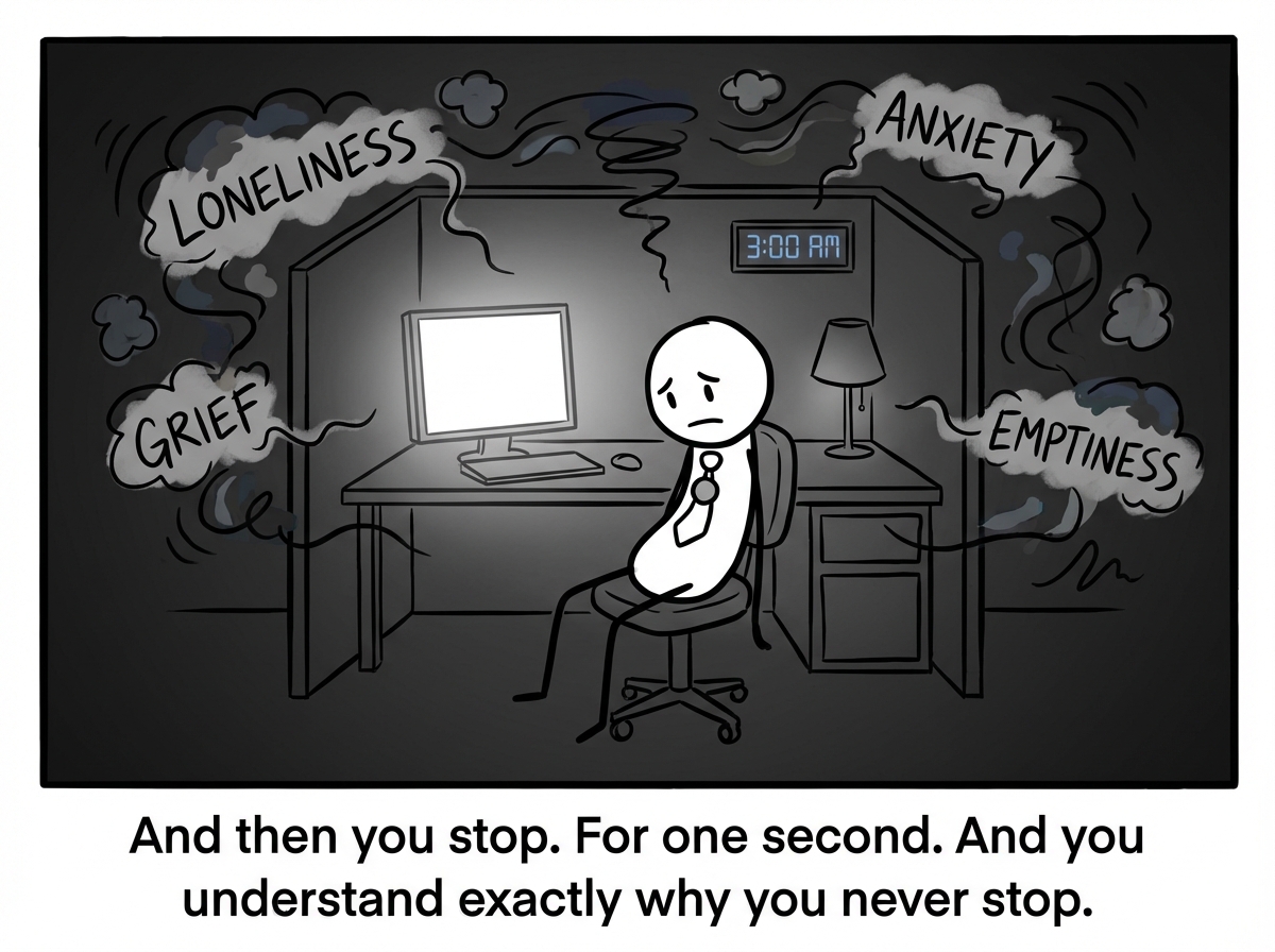 The stick figure finally stopping work late at night in an empty office, and a wave of feelings -- loneliness, grief, anxiety, emptiness -- rushing in the moment they sit still