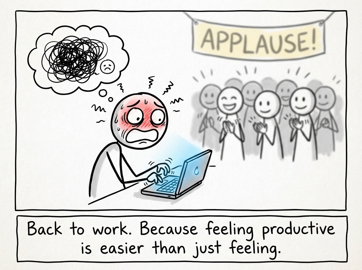 The stick figure immediately reopening their laptop with a panicked expression, pushing the feelings back, while the crowd resumes applauding in the background