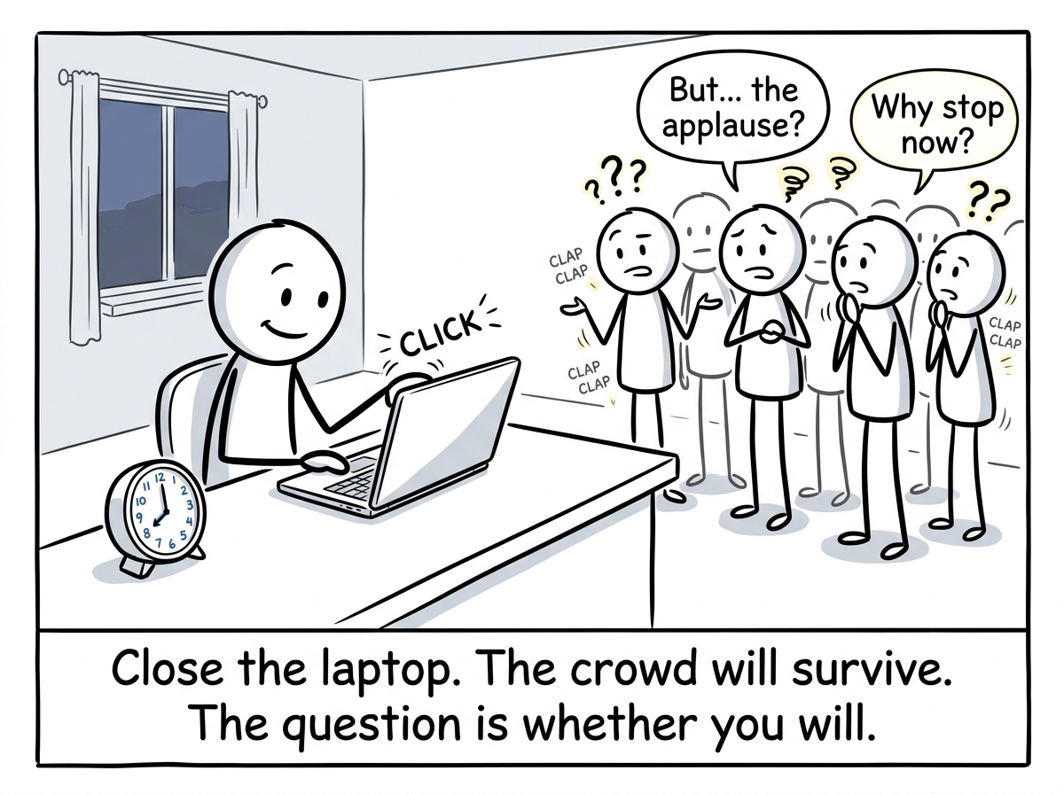A stick figure closing the laptop at a reasonable hour, the crowd of admirers looking confused, the figure choosing themselves over the applause