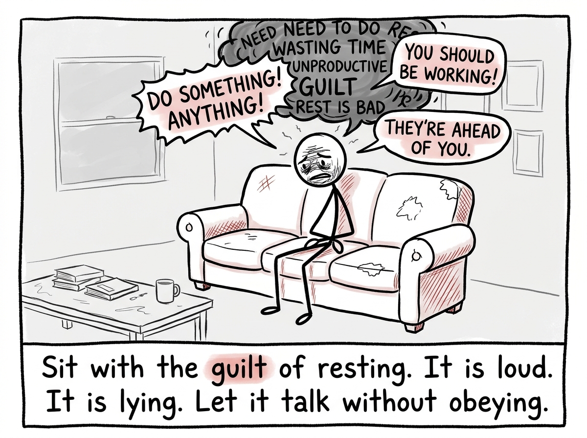 The stick figure sitting on a couch, doing nothing, feeling the guilt and restlessness of unproductive time washing over them without acting on it