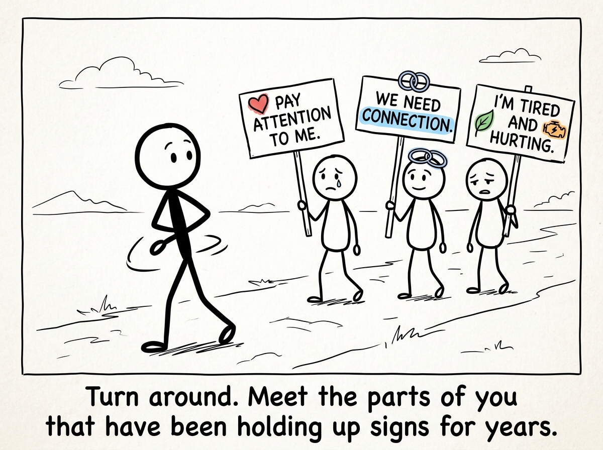 The stick figure turning around to face their emotions, relationships, and body -- the neglected figures from behind them -- for the first time
