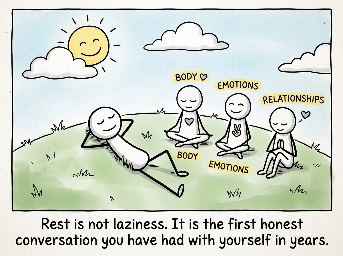The stick figure resting, truly resting, with the body, emotions, and relationships sitting beside them in peace, no laptop in sight
