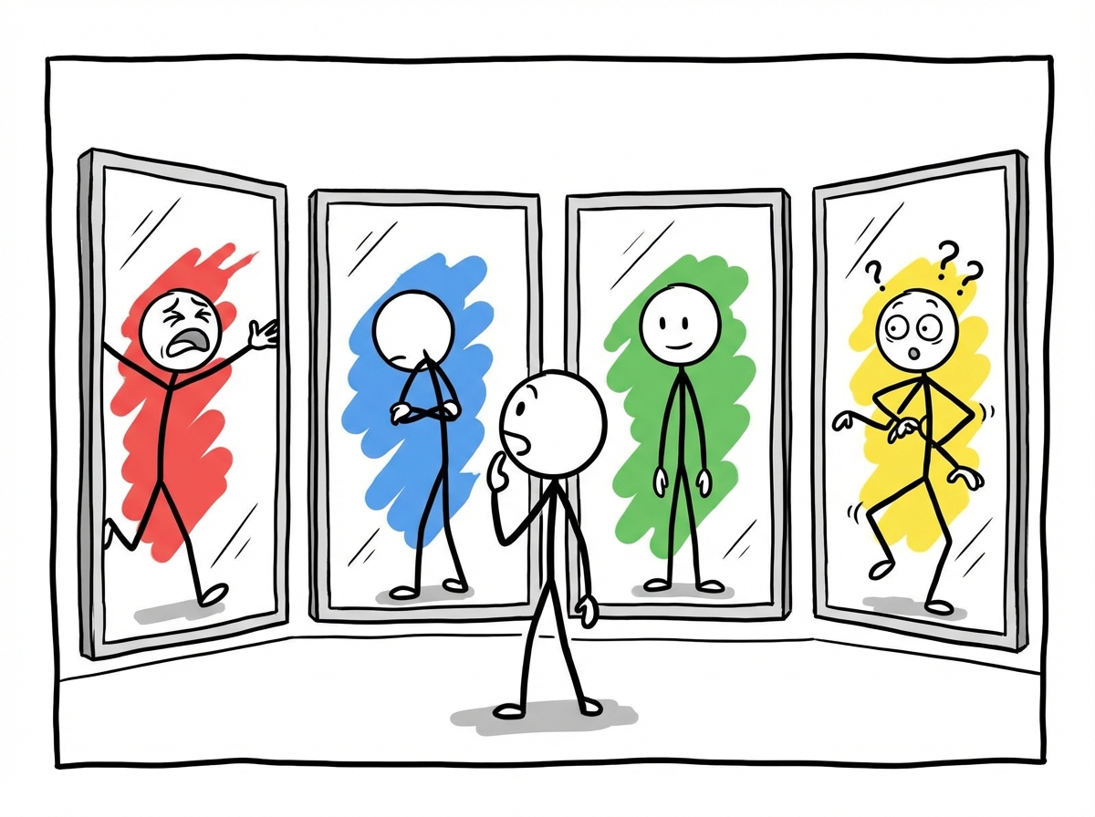 A stick figure looking at four mirrors, each reflecting a different emotional posture -- one reaching out desperately, one turning away with arms crossed, one standing calmly, and one frozen in confusion