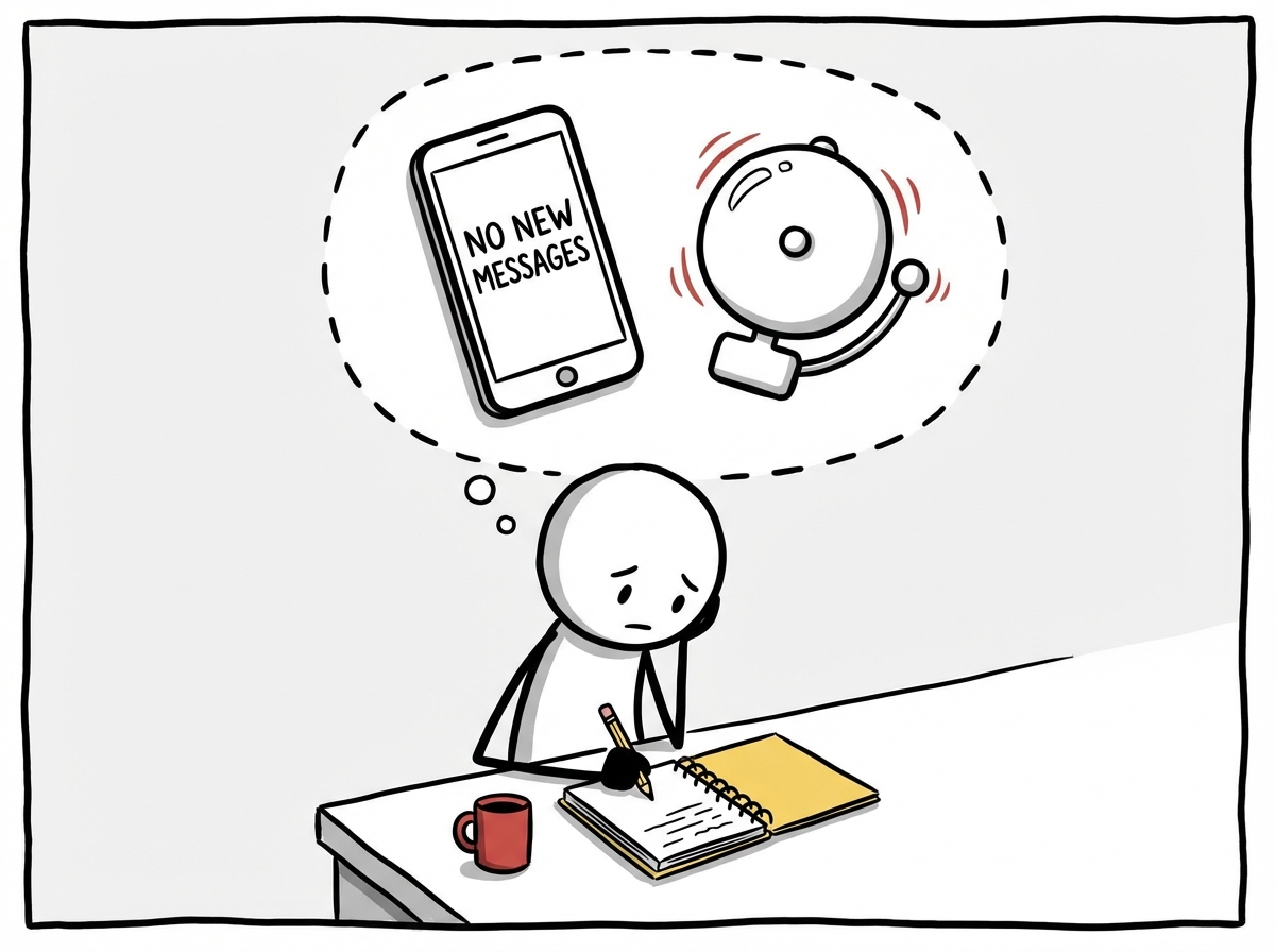 A stick figure writing in a small notebook while a thought bubble shows a phone with no new messages and a big alarm bell going off