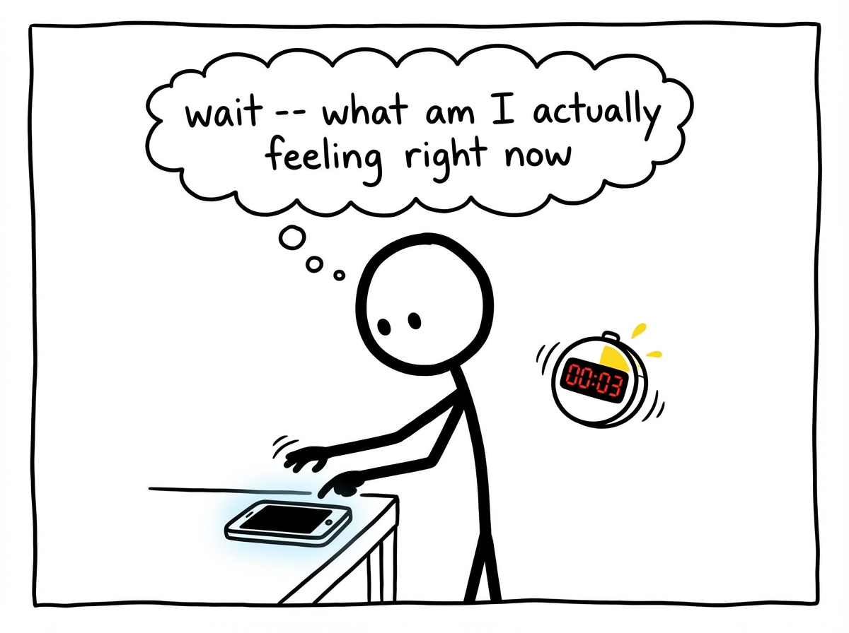 A stick figure with hands hovering over a phone, a small timer floating beside them, and a thought bubble showing the words 'wait -- what am I actually feeling right now'