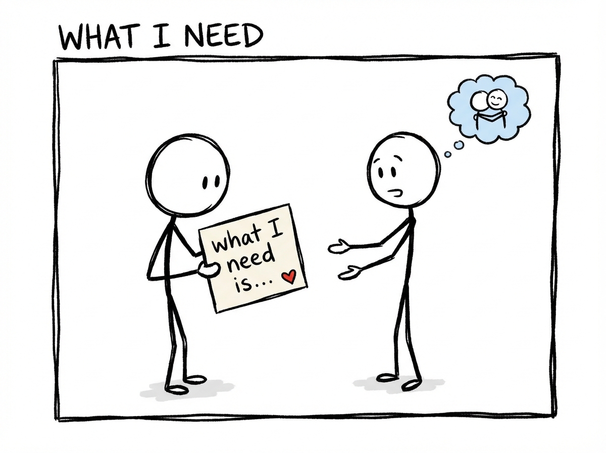 Two stick figures facing each other, one holding a small card that reads 'what I need is...' while the other listens with an open posture