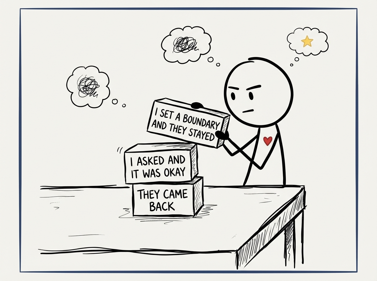 A stick figure carefully stacking small blocks labeled 'they came back,' 'I asked and it was okay,' 'I set a boundary and they stayed' into a growing tower