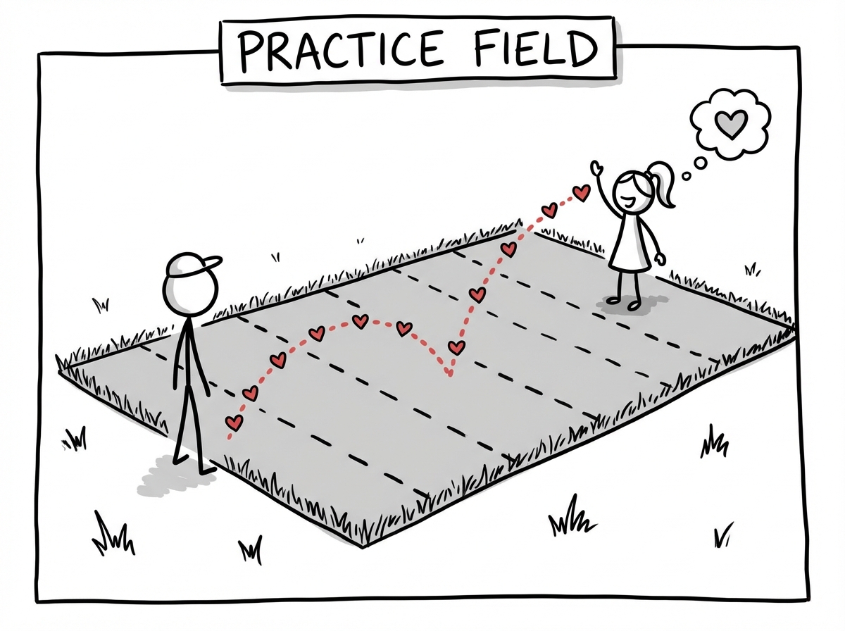 A stick figure standing at the edge of a small practice field with a friend waving encouragingly from the other side, a dotted path between them marked with small hearts