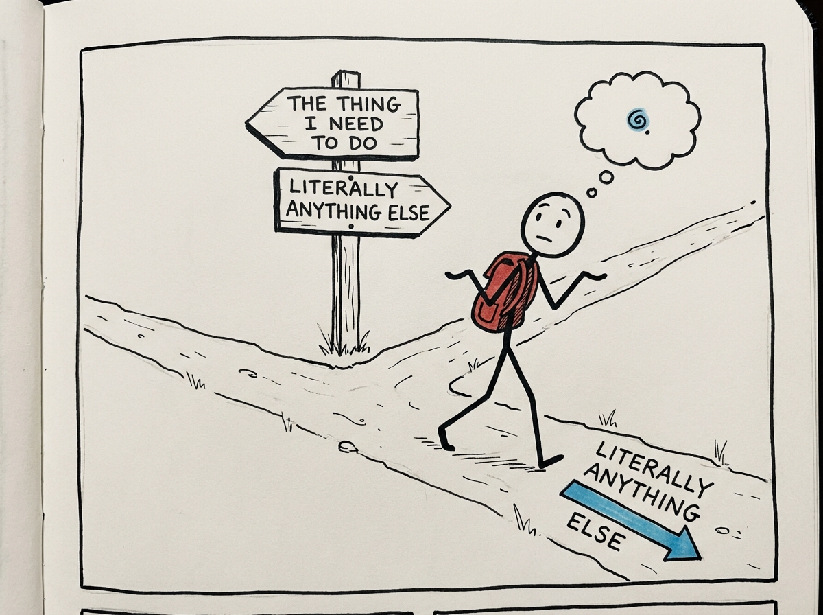 A stick figure standing at a fork in the road -- one path labeled 'the thing I need to do' and the other labeled 'literally anything else' -- already walking briskly down the second path