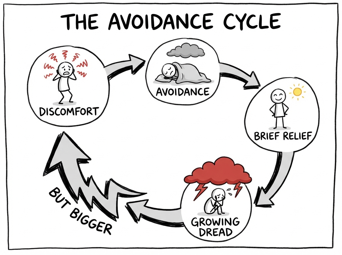 A circular diagram showing the avoidance cycle: discomfort leads to avoidance, avoidance leads to brief relief, relief leads to growing dread, growing dread leads back to discomfort but bigger