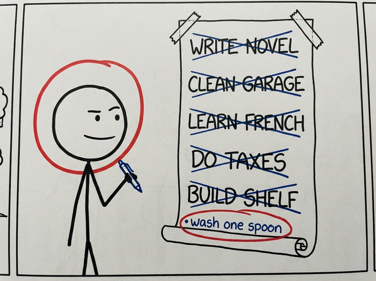 A stick figure looking at a long list of avoided tasks, circling the smallest one at the bottom with a determined but calm expression