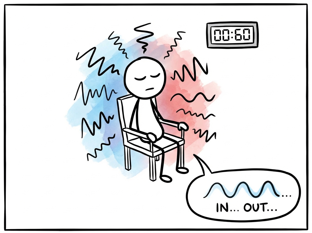 A stick figure sitting still in a chair while waves of discomfort wash over them, with a small timer showing sixty seconds and the figure breathing steadily