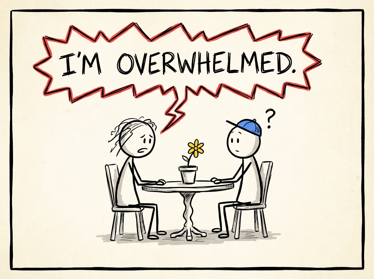 A stick figure sitting across from another figure at a table, with a speech bubble forming that contains the honest thing they have been needing to say