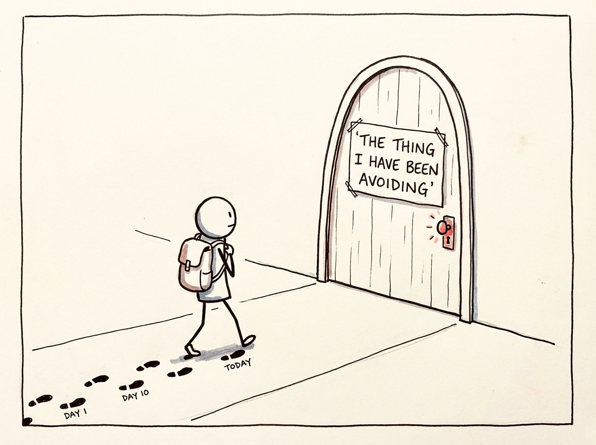 A stick figure walking steadily toward a large door labeled 'the thing I have been avoiding,' with small footprint marks behind them showing consistent daily steps forward