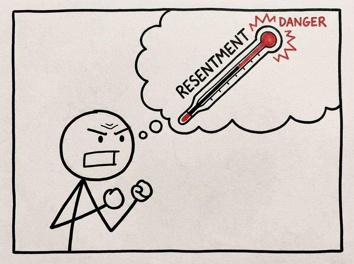 A stick figure with a tight jaw and clenched fists, a thought bubble showing a thermometer labeled 'resentment' with the mercury rising toward a red zone