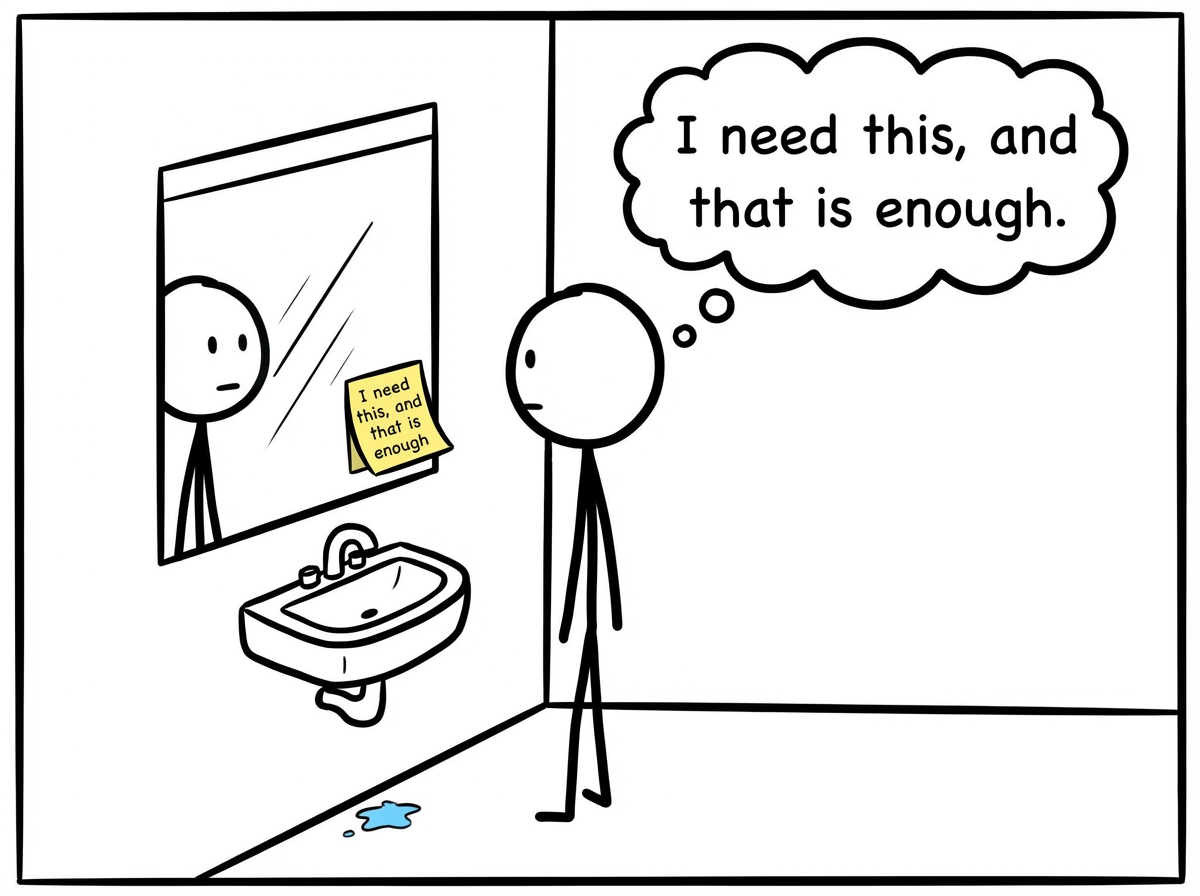 A stick figure standing in front of a bathroom mirror, practicing a short sentence written on a sticky note that reads 'I need this, and that is enough'