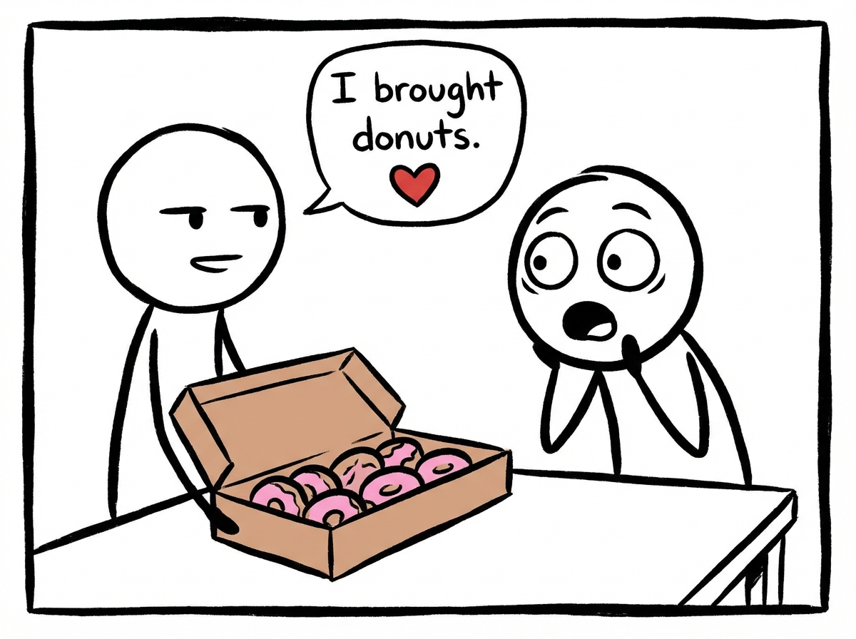 A stick figure speaking calmly to another person, a small speech bubble with a clear short sentence, while the other person looks surprised but is listening