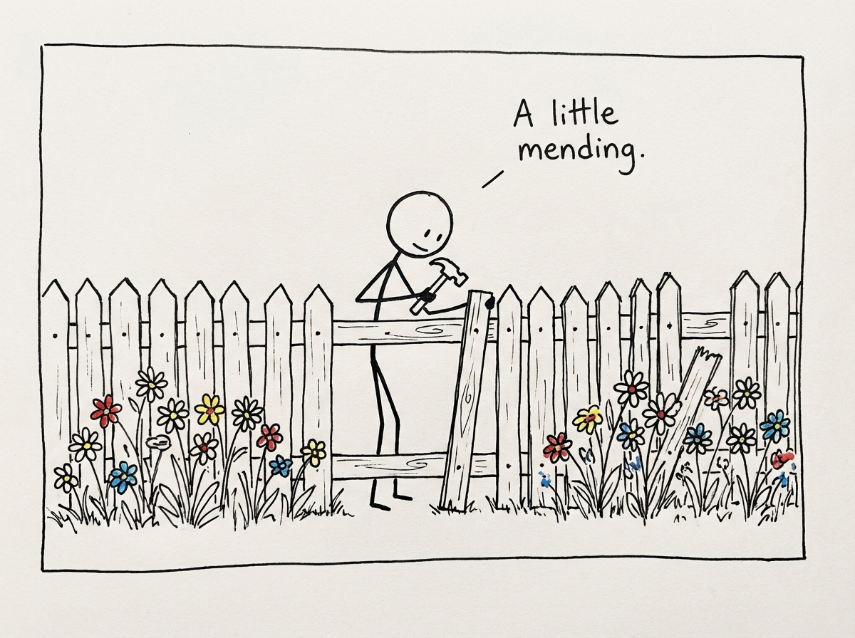 A stick figure tending to a small garden fence, reinforcing it in a few places, with healthy flowers growing on both sides of the boundary line