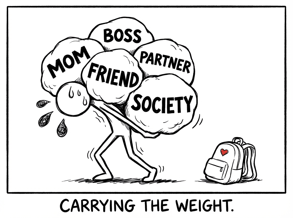 A stick figure carrying enormous bags labeled with other people's names, looking exhausted, while their own small bag sits forgotten on the ground behind them