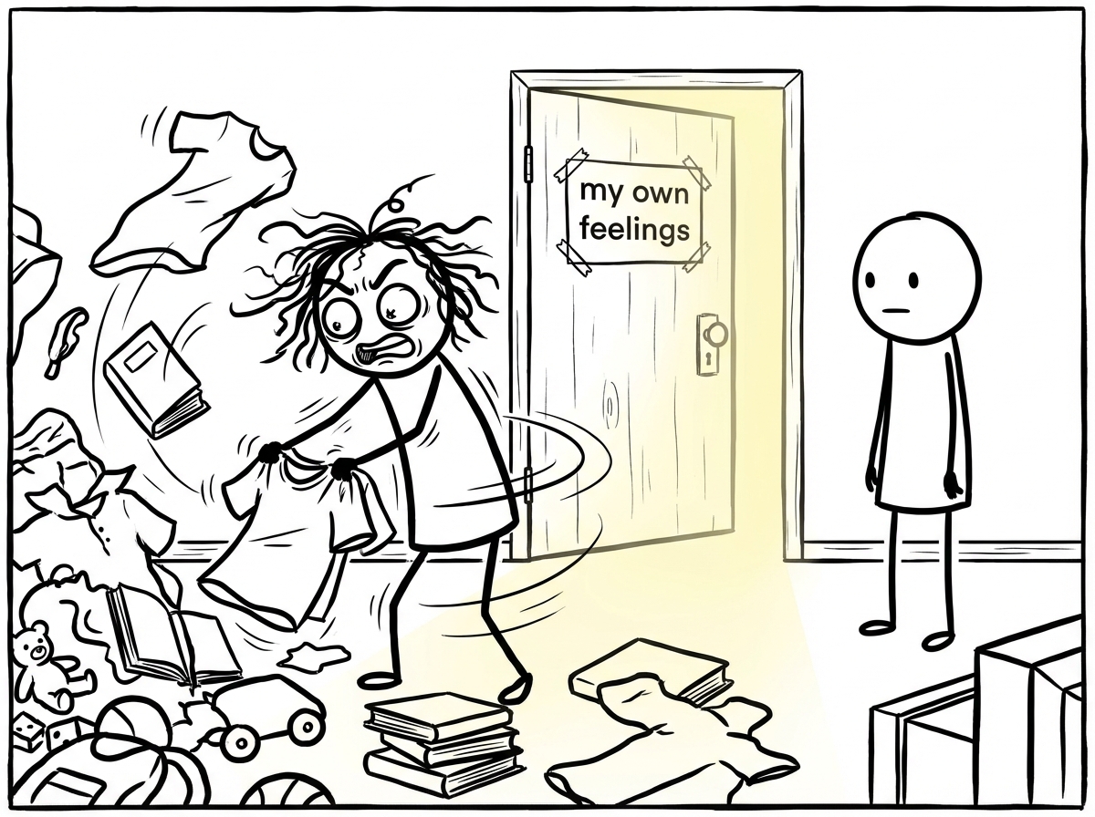 A stick figure frantically organizing another person's messy room while behind them, a door labeled 'my own feelings' sits ajar with light streaming through