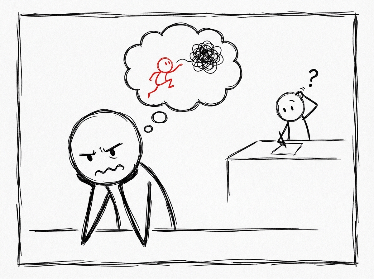 A stick figure sitting on their hands with an uncomfortable expression while another figure nearby works through their own problem, a thought bubble showing the urge to jump in