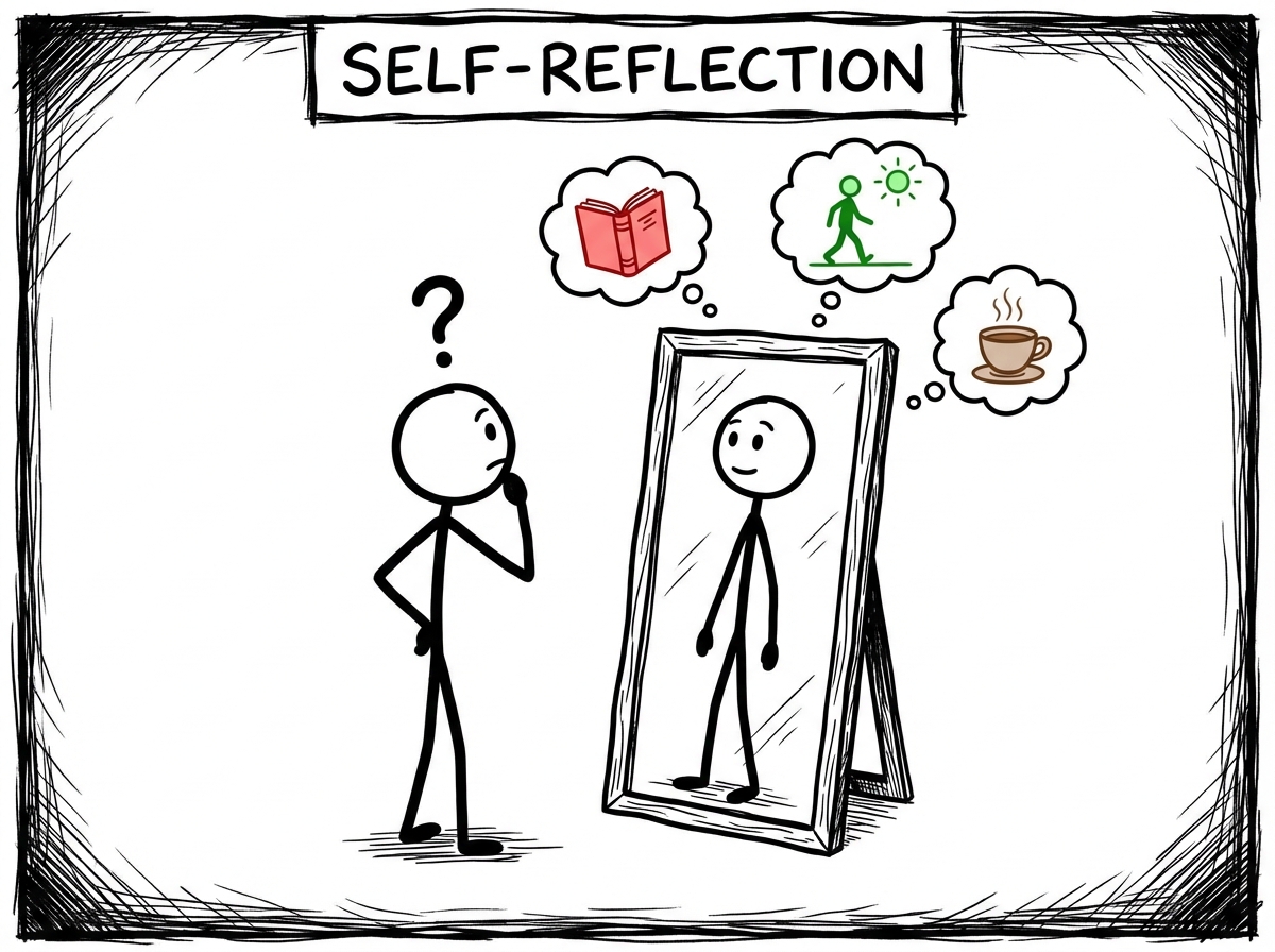 A stick figure standing in front of a mirror, looking curiously at their reflection, with small thought bubbles showing simple personal wants -- a book, a walk, a quiet cup of tea