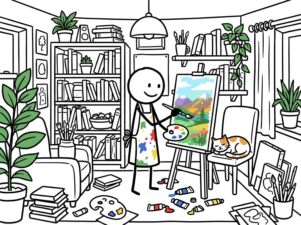 A stick figure painting on a canvas in a room full of their own things -- books, plants, art supplies -- with a relaxed, content expression and no one else in the frame