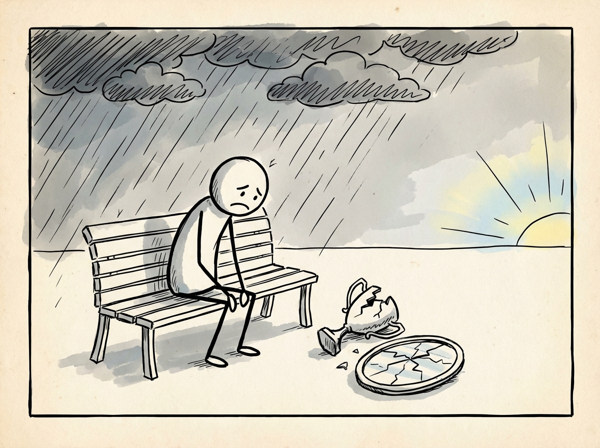 A stick figure sitting alone on a bench looking downcast, with a broken trophy or cracked mirror nearby symbolizing what was lost, rain clouds above but a faint light at the edge of the sky